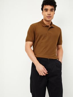 max - Men's Brown Cotton Regular Fit Solid Polo T-Shirt