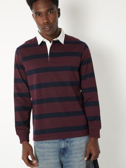 max - Men's Maroon Cotton Regular Fit Stripes Polo T-Shirt