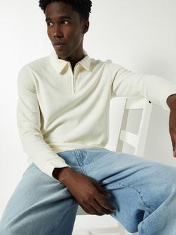 max - Men's Off White Cotton Regular Fit Solid Polo T-Shirt