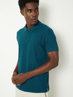 max - Men's Teal Cotton Regular Fit Textured Polo T-Shirt