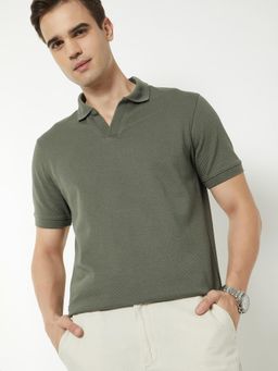 max - Men's Olive Cotton Regular Fit Textured Polo T-Shirt