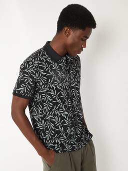 max - Men's Black Cotton Regular Fit Printed Polo T-Shirt