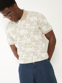 max - Men's Beige Cotton Regular Fit Printed Polo T-Shirt