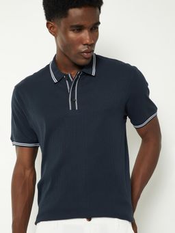 max - Men's Navy Blue Cotton Regular Fit Textured Polo T-Shirt