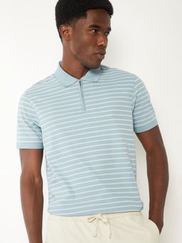 max - Men's Blue Cotton Regular Fit Stripes Polo T-Shirt