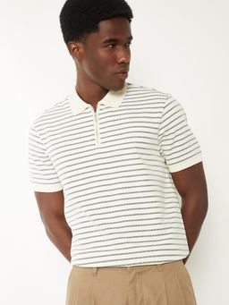 max - Men's Off White Cotton Regular Fit Stripes Polo T-Shirt