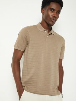 max - Men's Beige Cotton Regular Fit Textured Polo T-Shirt