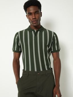 max - Men's Green Cotton Regular Fit Stripes Polo T-Shirt