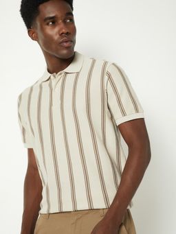 max - Men's Off White Cotton Regular Fit Stripes Polo T-Shirt