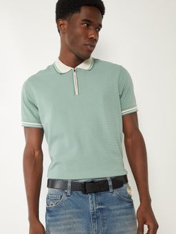 max - Men's Green Cotton Regular Fit Textured Polo T-Shirt