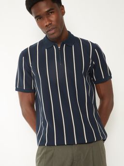 max - Men's Navy Blue Cotton Regular Fit Stripes Polo T-Shirt