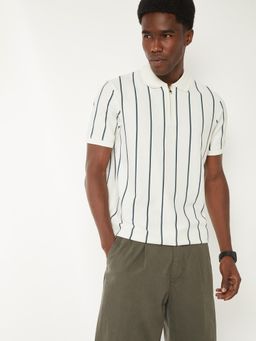 max - Men's White Cotton Regular Fit Stripes Polo T-Shirt
