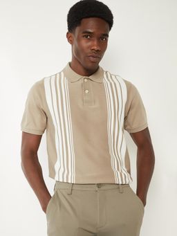 max - Men's Beige Cotton Regular Fit Stripes Polo T-Shirt