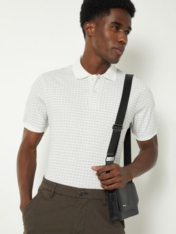 max - Men's Off White Cotton Regular Fit Printed Polo T-Shirt