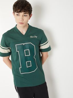 max - Men's Green Cotton Regular Fit Self Design T-Shirt