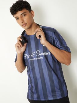 max - Men's Navy Blue Polyester Regular Fit Stripes T-Shirt
