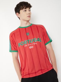 max - Men's Red Polyester Regular Fit Stripes T-Shirt