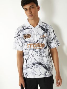 max - Men's White Polyester Regular Fit Printed Polo T-Shirt