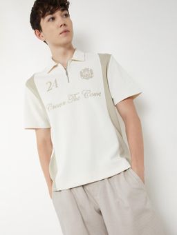 max - Men's Off White Cotton Regular Fit Embroidered Polo T-Shirt