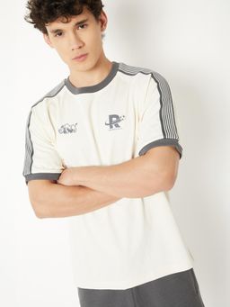 max - Men's White Polyester Regular Fit Stripes T-Shirt