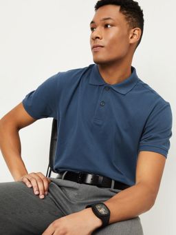 max - Men's Blue Cotton Regular Fit Solid Polo T-Shirt