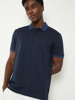 max - Men's Navy Blue Cotton Regular Fit Stripes Polo T-Shirt