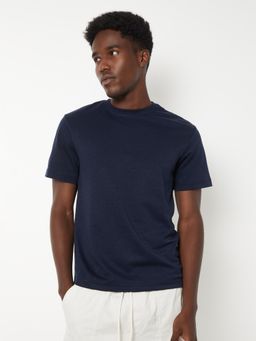 max - Men's Navy Blue Cotton Regular Fit Solid T-Shirt