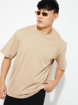 max - Men's Beige Cotton Regular Fit Solid T-Shirt