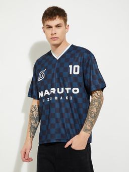 max - Men's Blue Cotton Regular Fit Checks T-Shirt