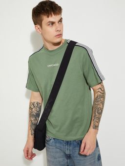 max - Men's Green Cotton Regular Fit Stripes T-Shirt