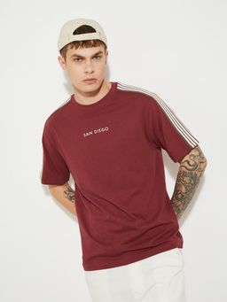 max - Men's Red Cotton Regular Fit Stripes T-Shirt