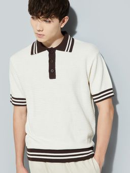 max - Men's Off White Cotton Regular Fit Textured Polo T-Shirt