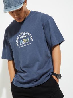 max - Men's Navy Blue Cotton Regular Fit Embroidered T-Shirt