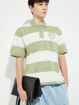 max - Men's Green Cotton Regular Fit Stripes Polo T-Shirt