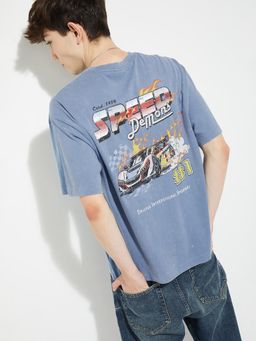 max - Men's Blue Cotton Regular Fit Graphic T-Shirt