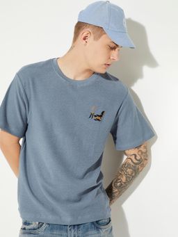 max - Men's Blue Cotton Regular Fit Solid T-Shirt