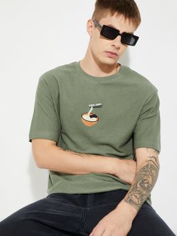 max - Men's Green Cotton Regular Fit Embroidered T-Shirt