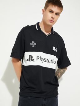 max - Men's Black Cotton Regular Fit Printed Polo T-Shirt