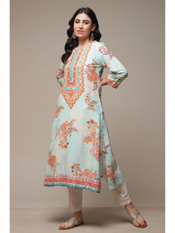 Biba - Womens Sky Blue Printed Rayon Straight Kurta