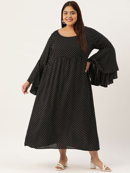 theRebelinme - Plus Size Women Black Polka Dot Printed Bell Sleeves A-Line Midi Dress