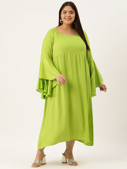 theRebelinme - Plus Size Women Green Solid Bell Sleeves A-Line Midi Dress