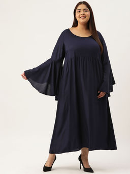 theRebelinme - Plus Size Women Navy Blue Solid Bell Sleeves A-Line Midi Dress