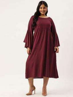 theRebelinme - Plus Size Women Plum Solid Bell Sleeves A-Line Midi Dress