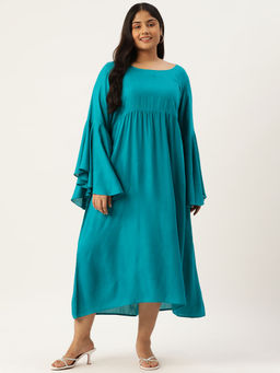 theRebelinme - Plus Size Women Teal Solid Bell Sleeves A-Line Midi Dress