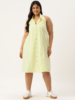 theRebelinme - Plus Size Women Lime Solid Shirt Collar Sleeveless Midi Dress