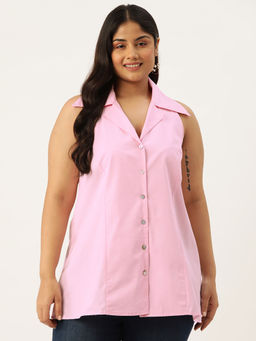 theRebelinme - Plus Size Women Pink Solid Button Closure Shirt Collar Top