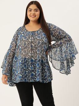 theRebelinme - Plus Size Women Blue Floral Print Georgette Longline Top