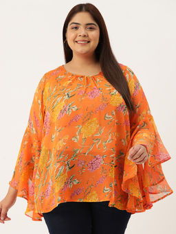 theRebelinme - Plus Size Women Orange Floral Print Georgette Longline Top