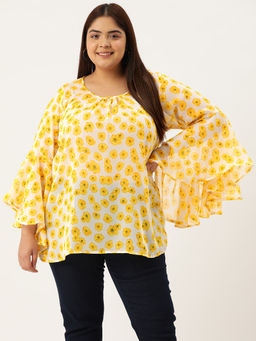 theRebelinme - Plus Size Women Yellow Floral Print Georgette Longline Top