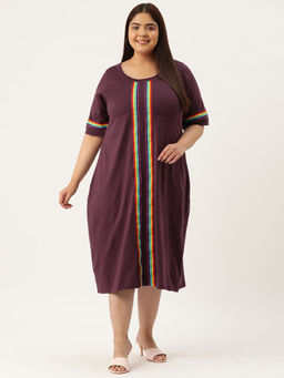 theRebelinme - Plus Size Women Purple Solid Knitted Dress with Tape